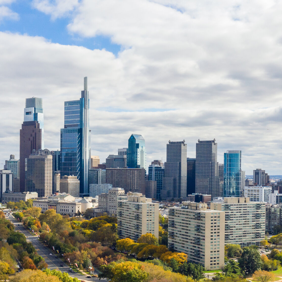 Picture shows a drone view on the Philadelphia Skyline